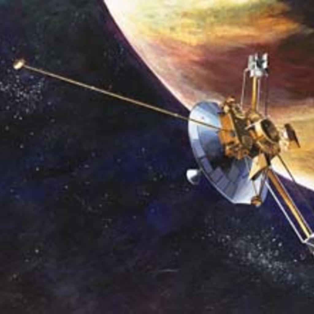 Pioneer F spacecraft shown in orbit around Jupiter